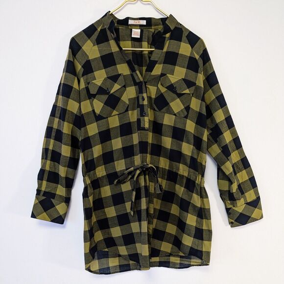 Zoe D Olive Green & Black Gingham Oversized Drawstring Waist Button Down Shirt - Picture 2 of 5